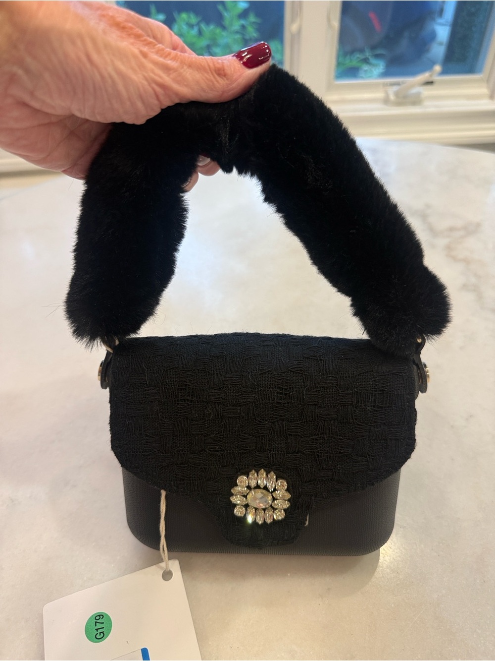 NWT O BAG ITALIA Black Faux-Fur Handle Mini Shoulder Bag with Crystal CLASP